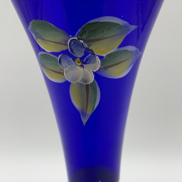 Vintage Bohemian Czech Cobalt Hand Painted Enamel Flowers Bud Vase - Picture 2 of 9
